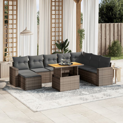 9 Piece Garden Sofa Set with Cushions Grey Poly Rattan