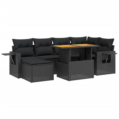 7 Piece Garden Sofa Set with Cushions Black Poly Rattan