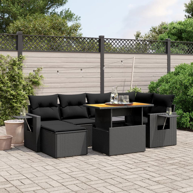 7 Piece Garden Sofa Set with Cushions Black Poly Rattan