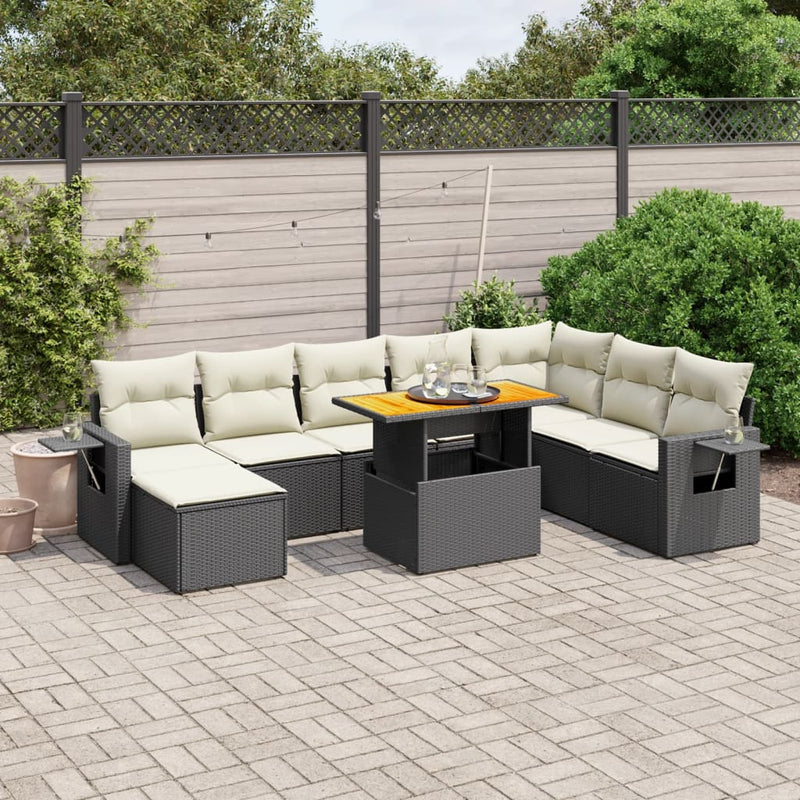 9 Piece Garden Sofa Set with Cushions Black Poly Rattan