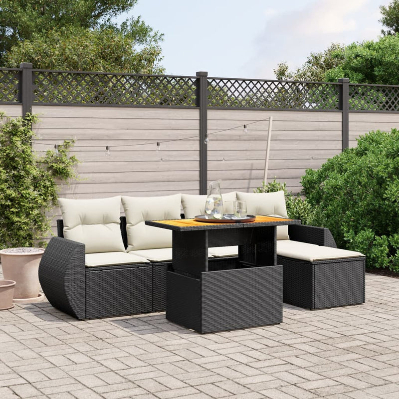 6 Piece Garden Sofa Set with Cushions Black Poly Rattan