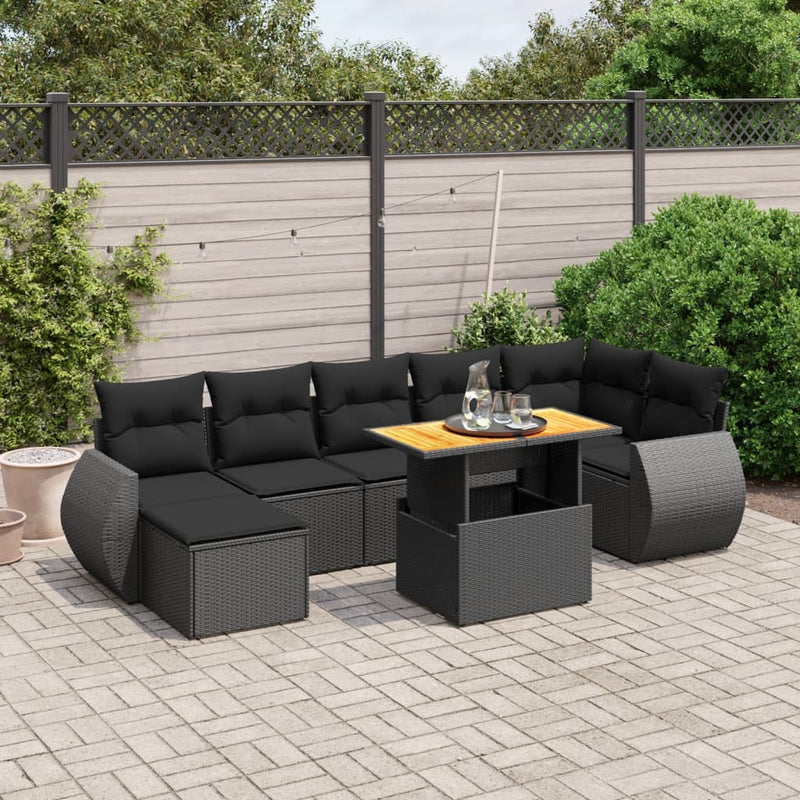 8 Piece Garden Sofa Set with Cushions Black Poly Rattan