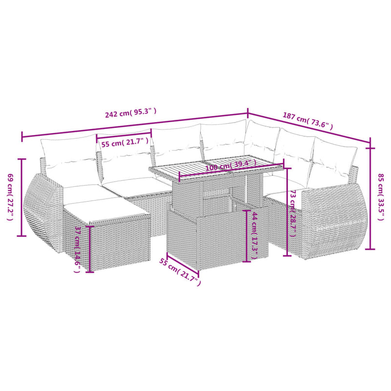 8 Piece Garden Sofa Set with Cushions Grey Poly Rattan