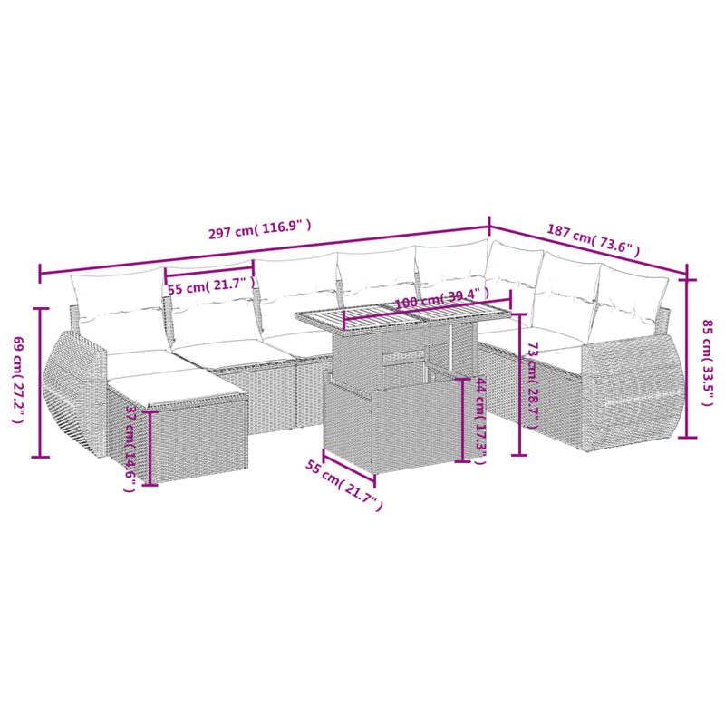 9 Piece Garden Sofa Set with Cushions Grey Poly Rattan