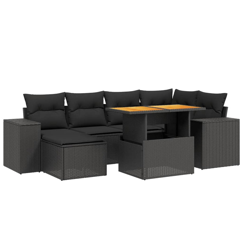 7 Piece Garden Sofa Set with Cushions Black Poly Rattan