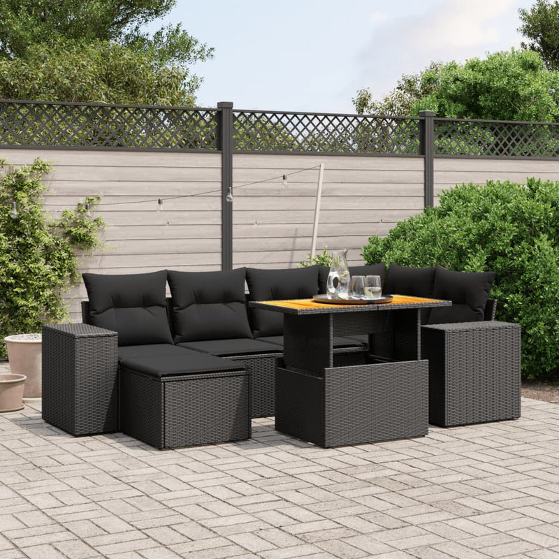 7 Piece Garden Sofa Set with Cushions Black Poly Rattan