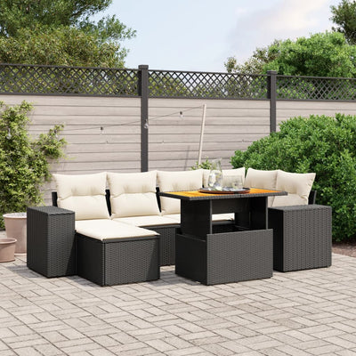 7 Piece Garden Sofa Set with Cushions Black Poly Rattan