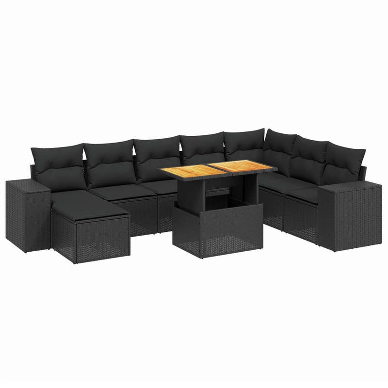 9 Piece Garden Sofa Set with Cushions Black Poly Rattan