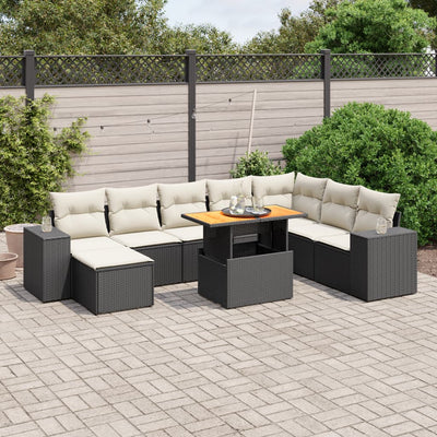 9 Piece Garden Sofa Set with Cushions Black Poly Rattan