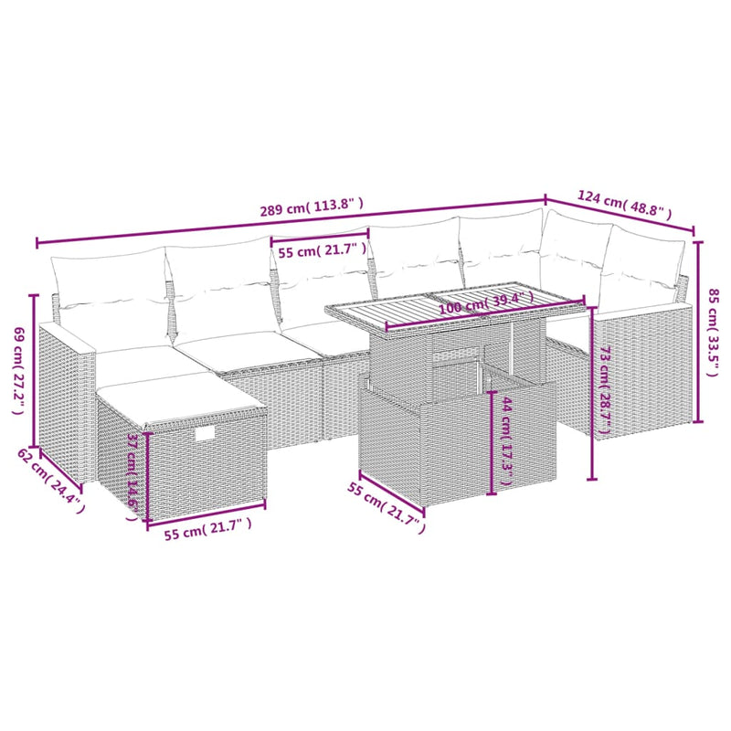 8 Piece Garden Sofa Set with Cushions Grey Poly Rattan