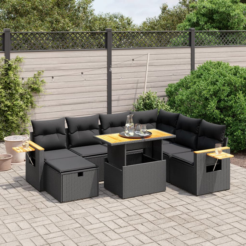 8 Piece Garden Sofa Set with Cushions Black Poly Rattan