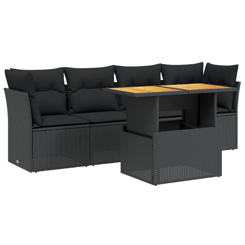 5 Piece Garden Sofa Set with Cushions Black Poly Rattan