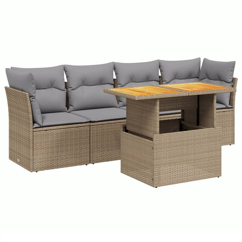 5 Piece Garden Sofa Set with Cushions Beige Poly Rattan