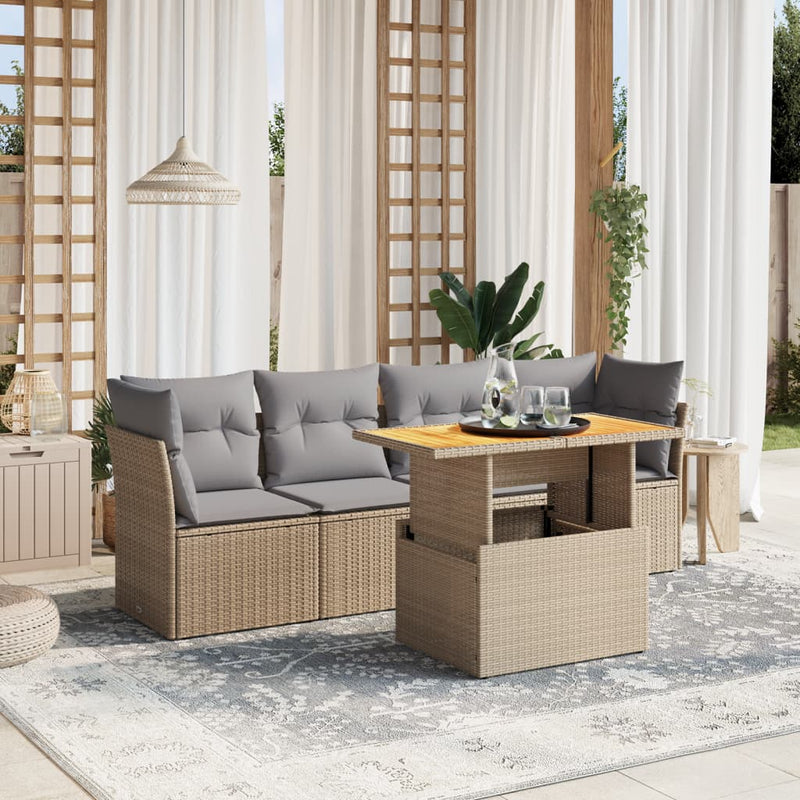 5 Piece Garden Sofa Set with Cushions Beige Poly Rattan