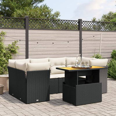 7 Piece Garden Sofa Set with Cushions Black Poly Rattan