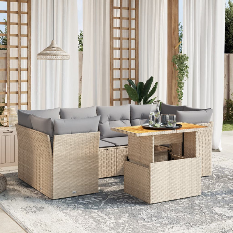 7 Piece Garden Sofa Set with Cushions Beige Poly Rattan