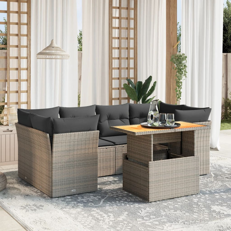 7 Piece Garden Sofa Set with Cushions Grey Poly Rattan