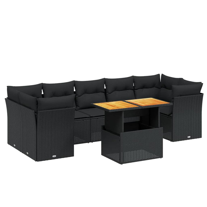 8 Piece Garden Sofa Set with Cushions Black Poly Rattan