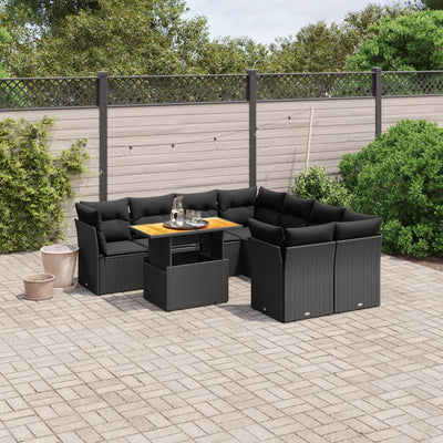 9 Piece Garden Sofa Set with Cushions Black Poly Rattan