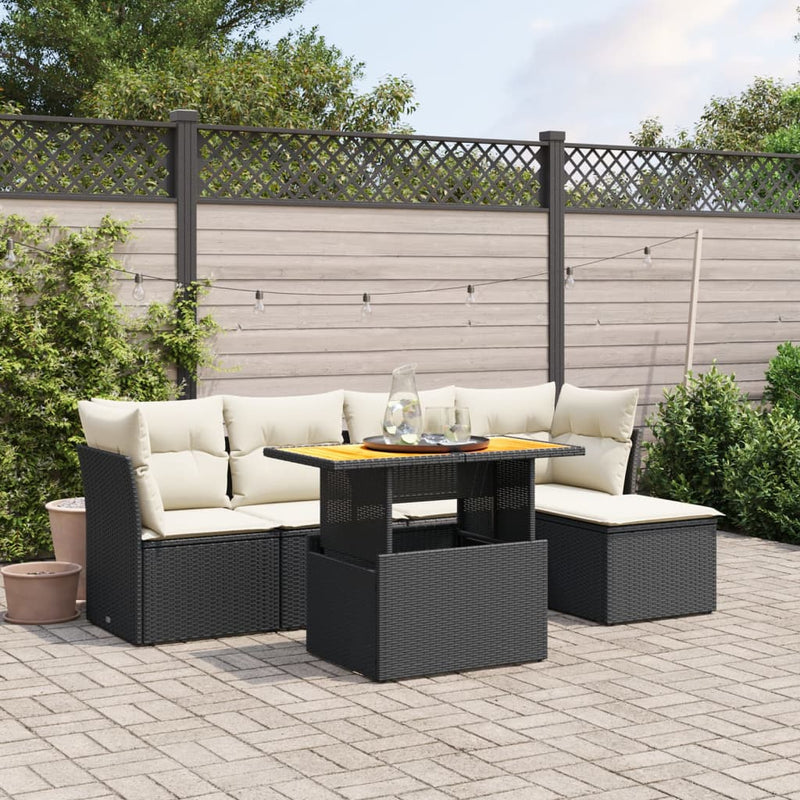 6 Piece Garden Sofa Set with Cushions Black Poly Rattan