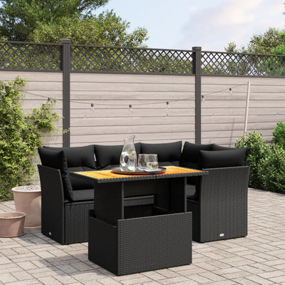 5 Piece Garden Sofa Set with Cushions Black Poly Rattan