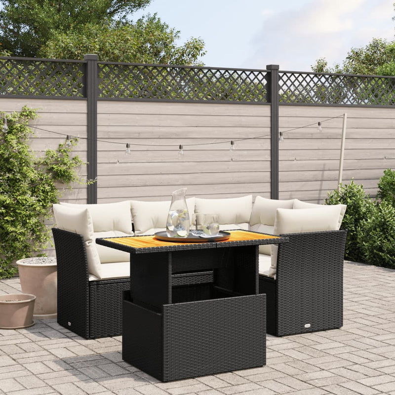 5 Piece Garden Sofa Set with Cushions Black Poly Rattan