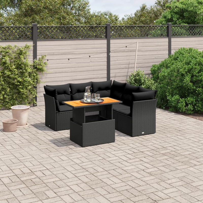 5 Piece Garden Sofa Set with Cushions Black Poly Rattan