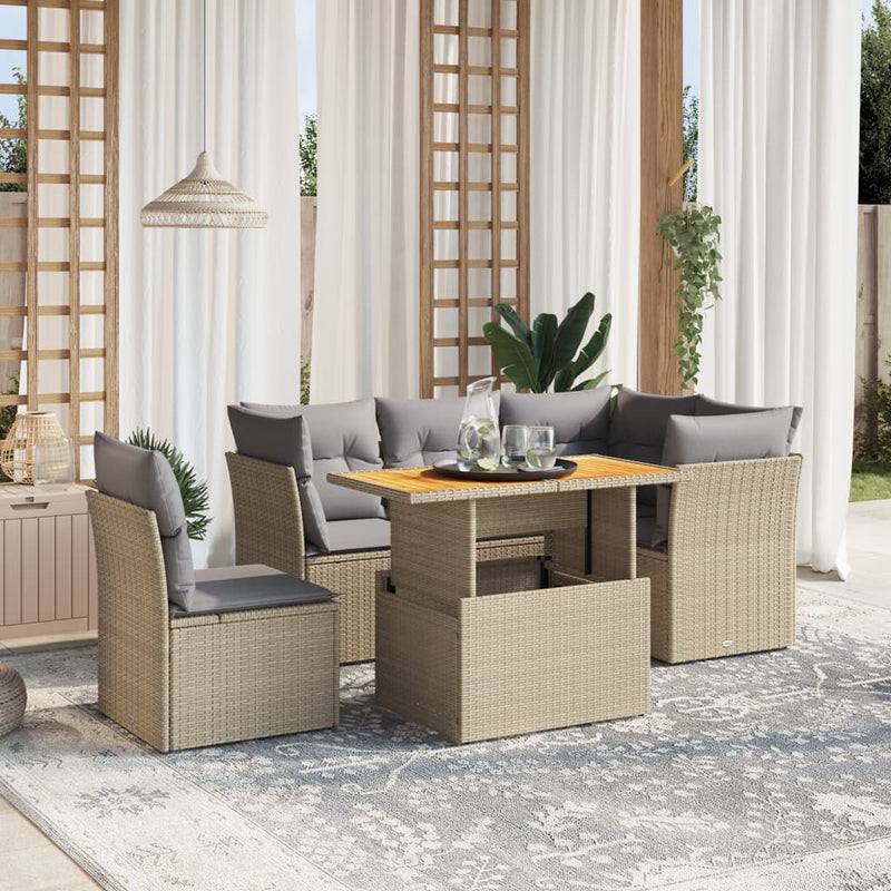 5 Piece Garden Sofa Set with Cushions Beige Poly Rattan