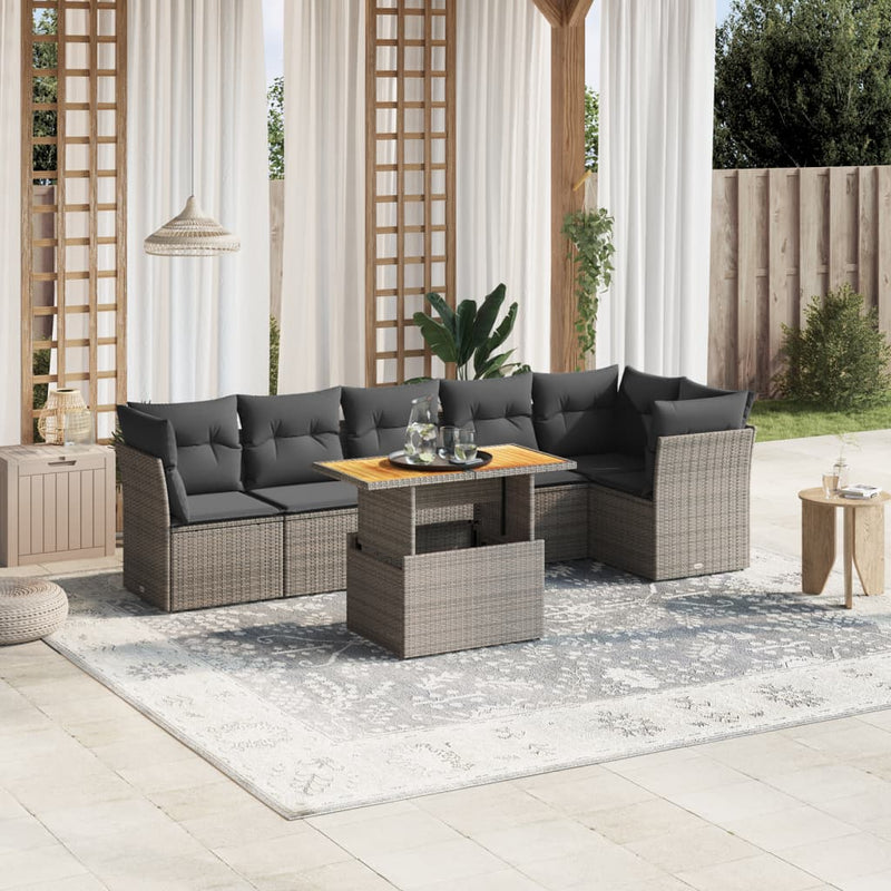 7 Piece Garden Sofa Set with Cushions Grey Poly Rattan