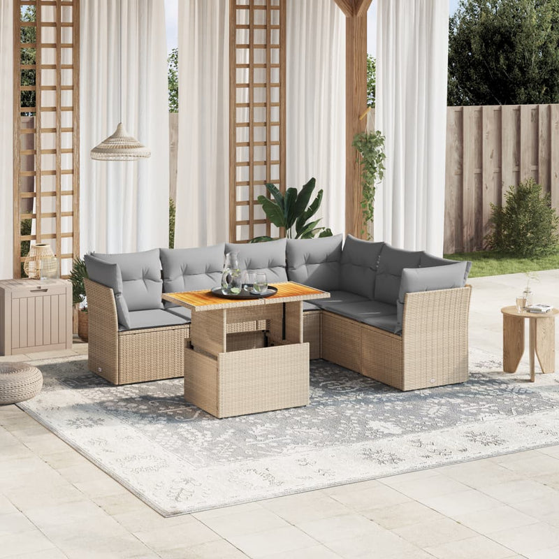 7 Piece Garden Sofa Set with Cushions Beige Poly Rattan