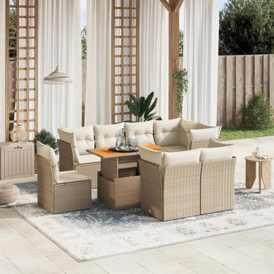 9 Piece Garden Sofa Set with Cushions Beige Poly Rattan