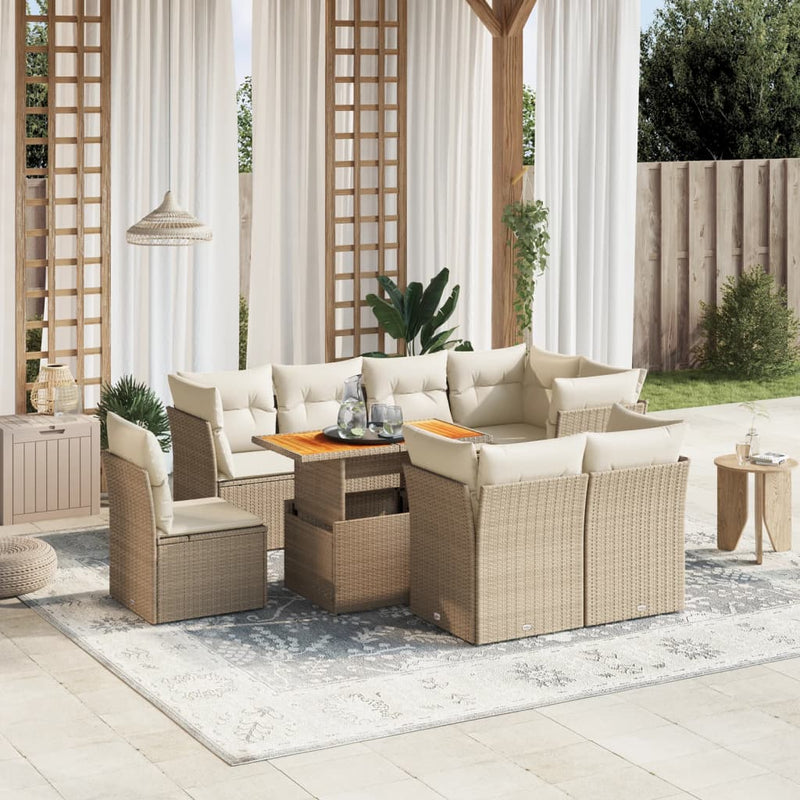 9 Piece Garden Sofa Set with Cushions Beige Poly Rattan