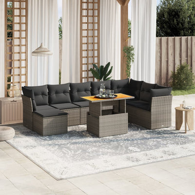 9 Piece Garden Sofa Set with Cushions Grey Poly Rattan