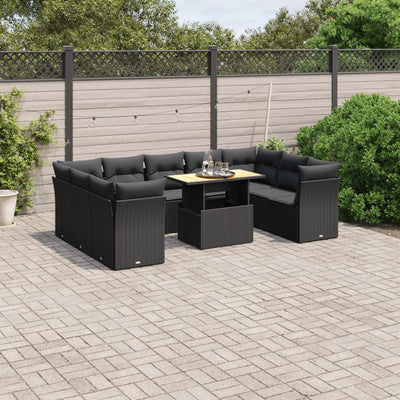 10 Piece Garden Sofa Set with Cushions Black Poly Rattan