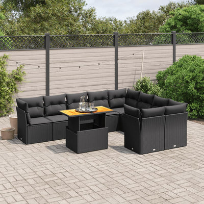 10 Piece Garden Sofa Set with Cushions Black Poly Rattan