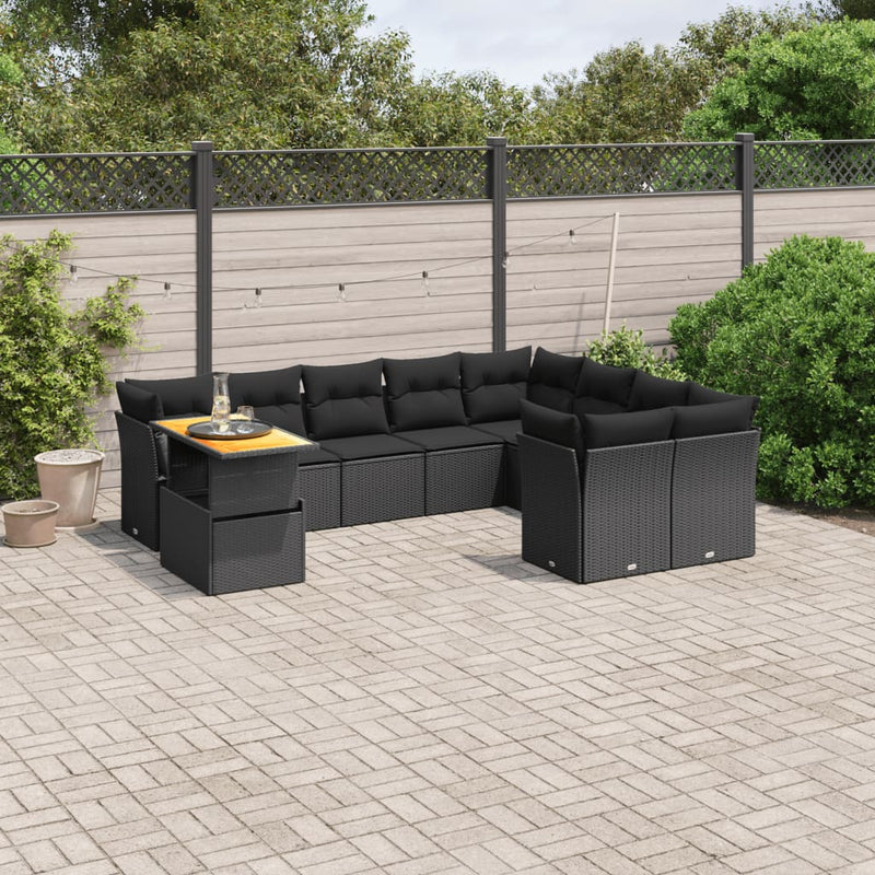 10 Piece Garden Sofa Set with Cushions Black Poly Rattan