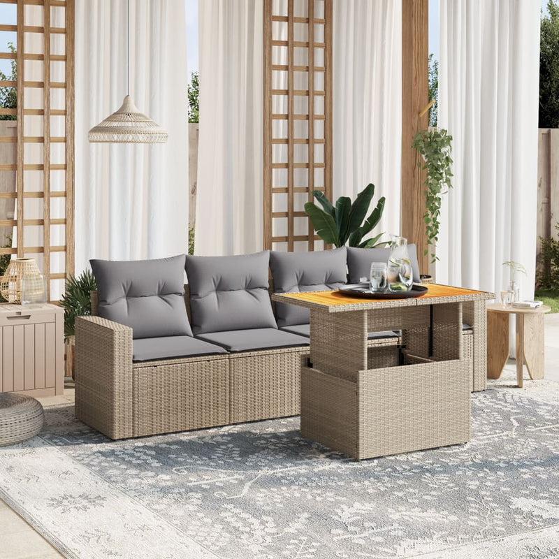 5 Piece Garden Sofa Set with Cushions Beige Poly Rattan