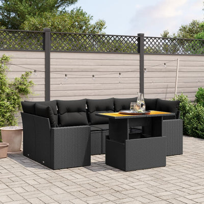 7 Piece Garden Sofa Set with Cushions Black Poly Rattan