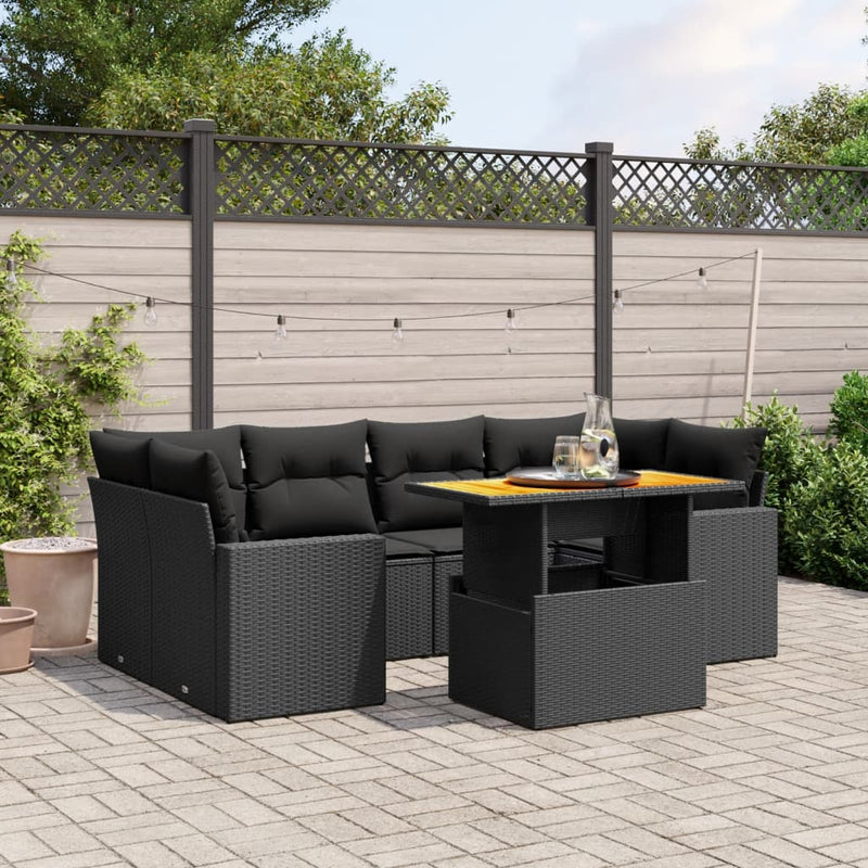 7 Piece Garden Sofa Set with Cushions Black Poly Rattan