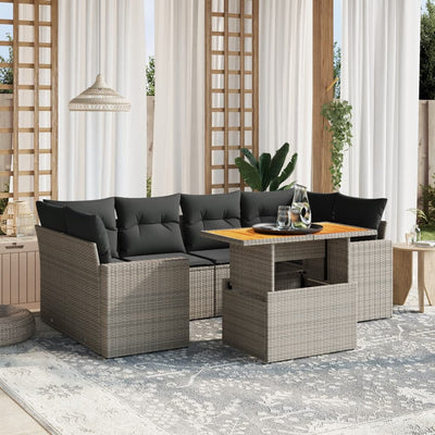 7 Piece Garden Sofa Set with Cushions Grey Poly Rattan