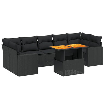 8 Piece Garden Sofa Set with Cushions Black Poly Rattan