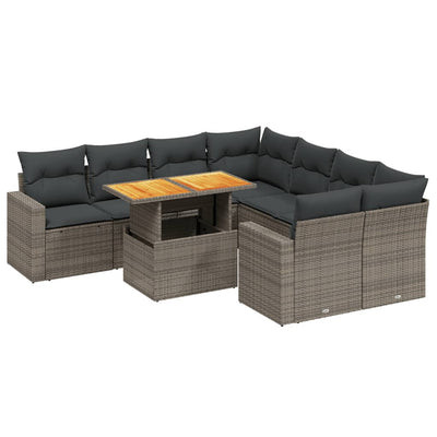 9 Piece Garden Sofa Set with Cushions Grey Poly Rattan