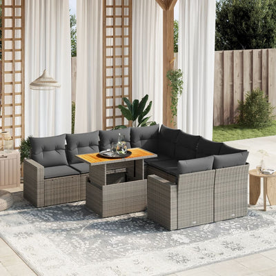 9 Piece Garden Sofa Set with Cushions Grey Poly Rattan