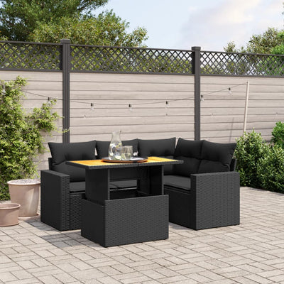 5 Piece Garden Sofa Set with Cushions Black Poly Rattan