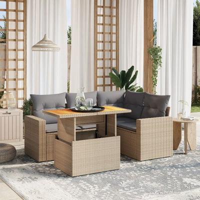 5 Piece Garden Sofa Set with Cushions Beige Poly Rattan