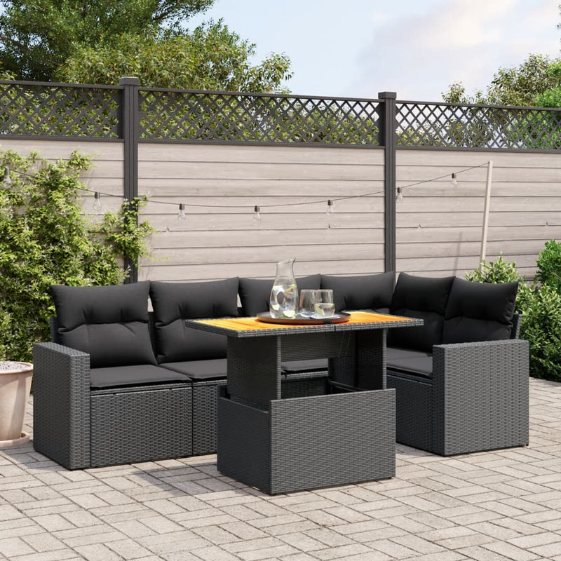 6 Piece Garden Sofa Set with Cushions Black Poly Rattan