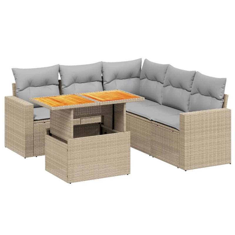 6 Piece Garden Sofa Set with Cushions Beige Poly Rattan