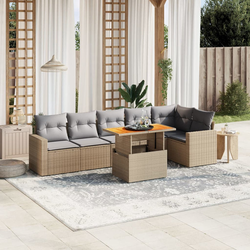 7 Piece Garden Sofa Set with Cushions Beige Poly Rattan