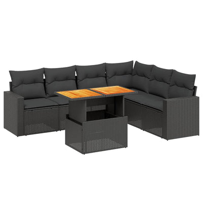 7 Piece Garden Sofa Set with Cushions Black Poly Rattan