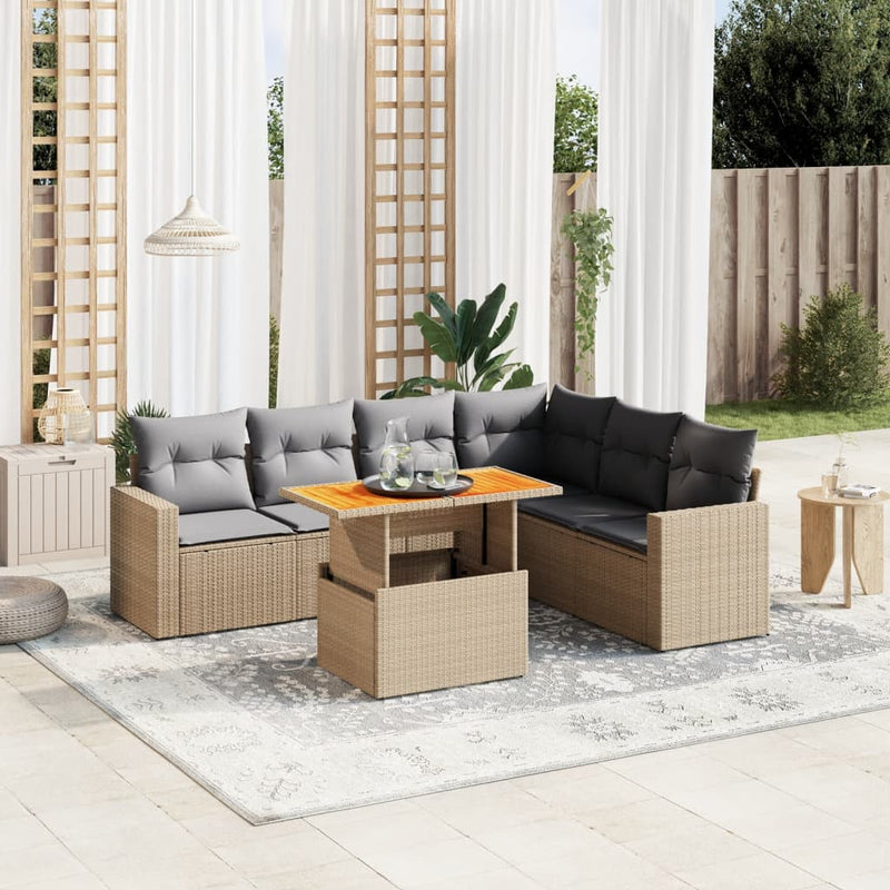 7 Piece Garden Sofa Set with Cushions Beige Poly Rattan